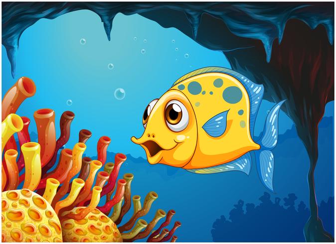 Ein großer gelber Fisch unter dem Meer in der Seehöhle vektor