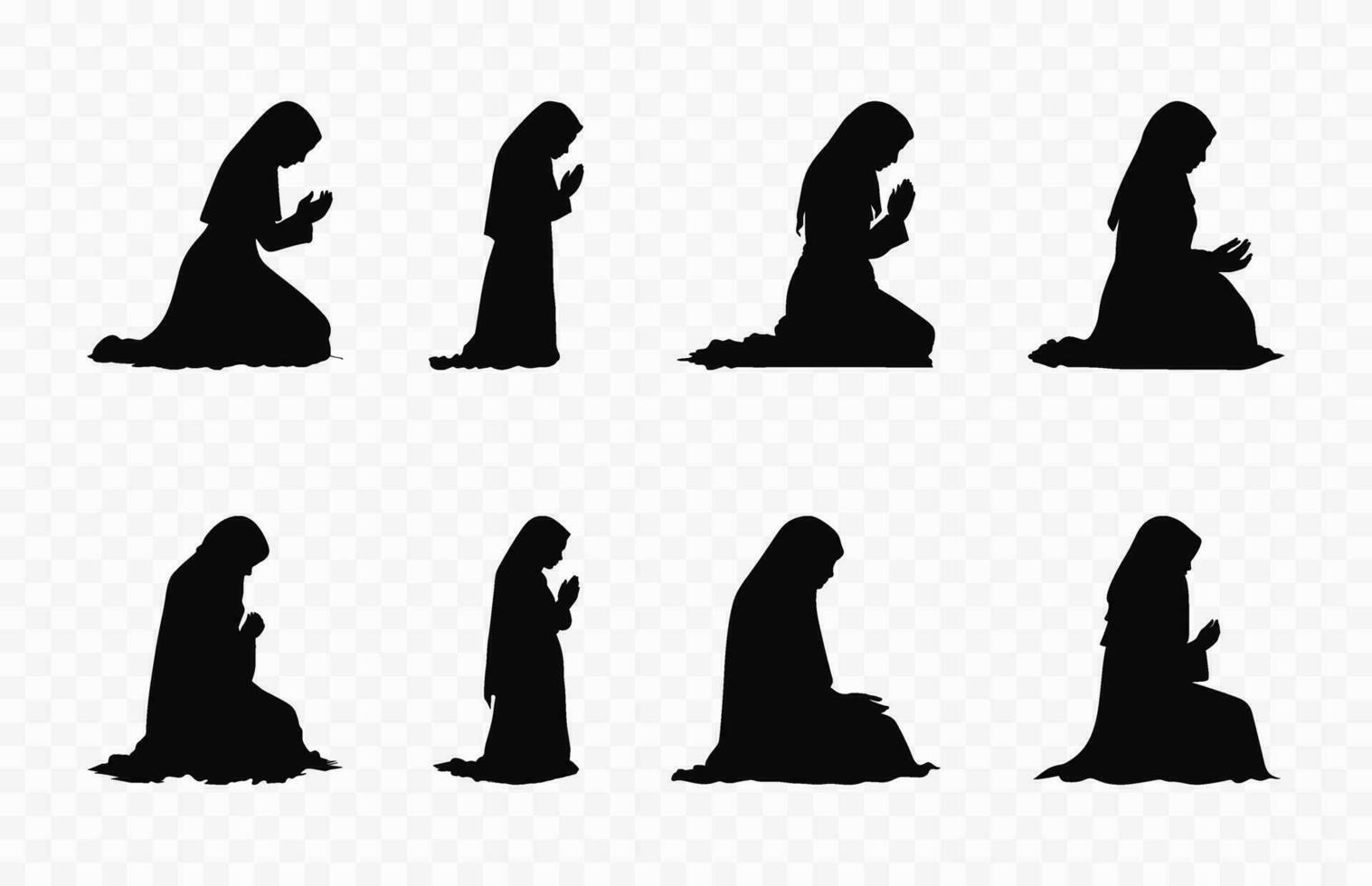 Muslim Frau beten Silhouette Vektor Satz, weiblich Muslim beten schwarz Silhouetten bündeln