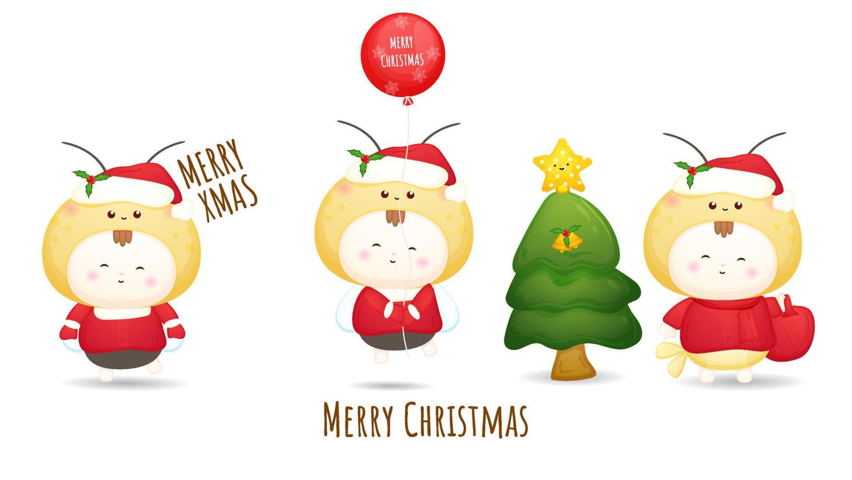 süßer doodle baby santa für frohe weihnachten illustration set premium vector
