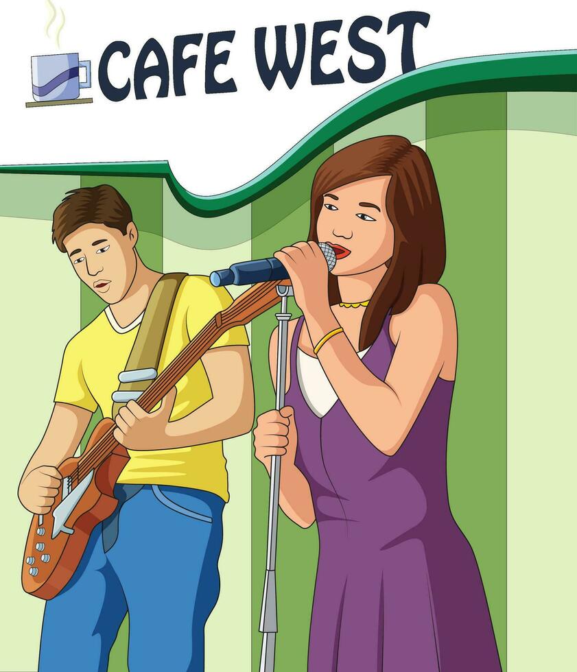 Illustration zeigen ein weiblich Sänger Singen auf ein Mike und ein jung Junge spielen Gitarre vektor