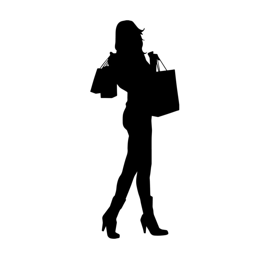 Silhouette von ein schlank jung Frau Tragen Einkaufen Taschen. vektor