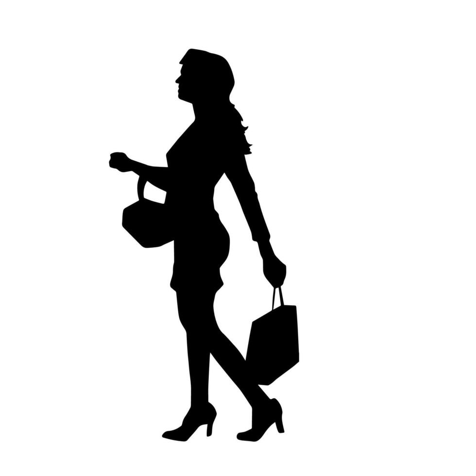 Silhouette von ein schlank jung Frau Tragen Einkaufen Taschen. vektor