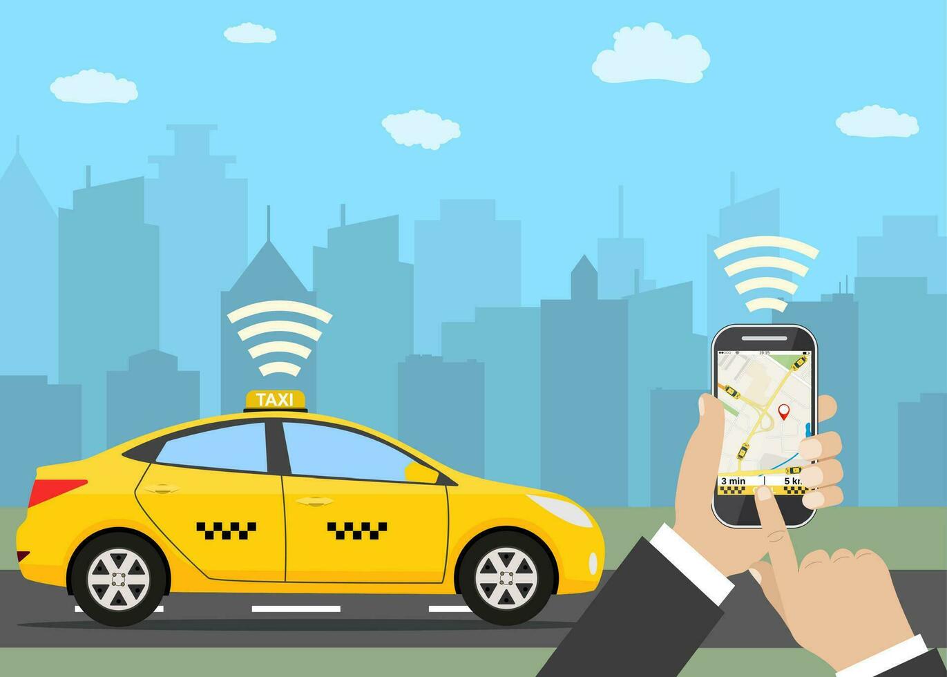 Hände mit Smartphone und Taxi Anwendung vektor