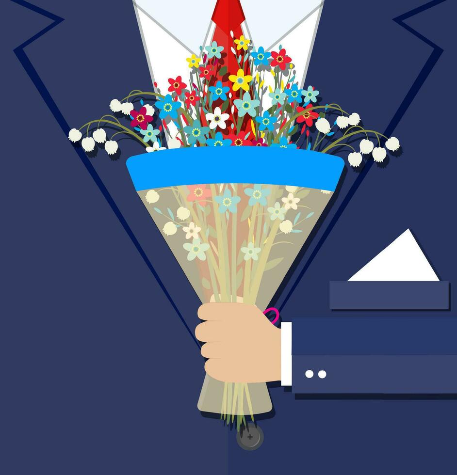 Karikatur Geschäftsmann Hand halten Strauß Blumen vektor