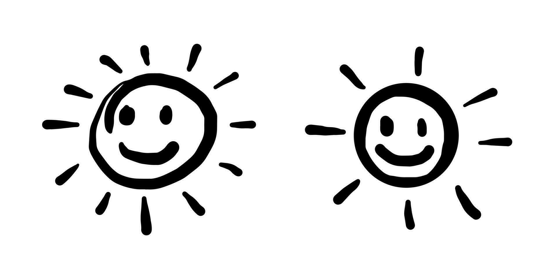 Gekritzel einstellen Karikatur Ausdrücke Auswirkungen Sonne. Kinder Zeichnung. Vektor Illustration