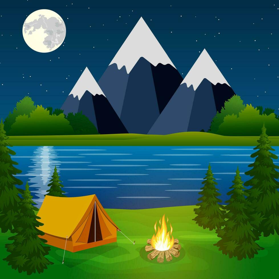 Poster zeigen Campingplatz mit ein Lagerfeuer vektor