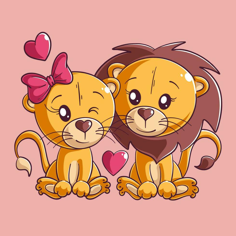 en par av söt lejon Sammanträde tillsammans vektor