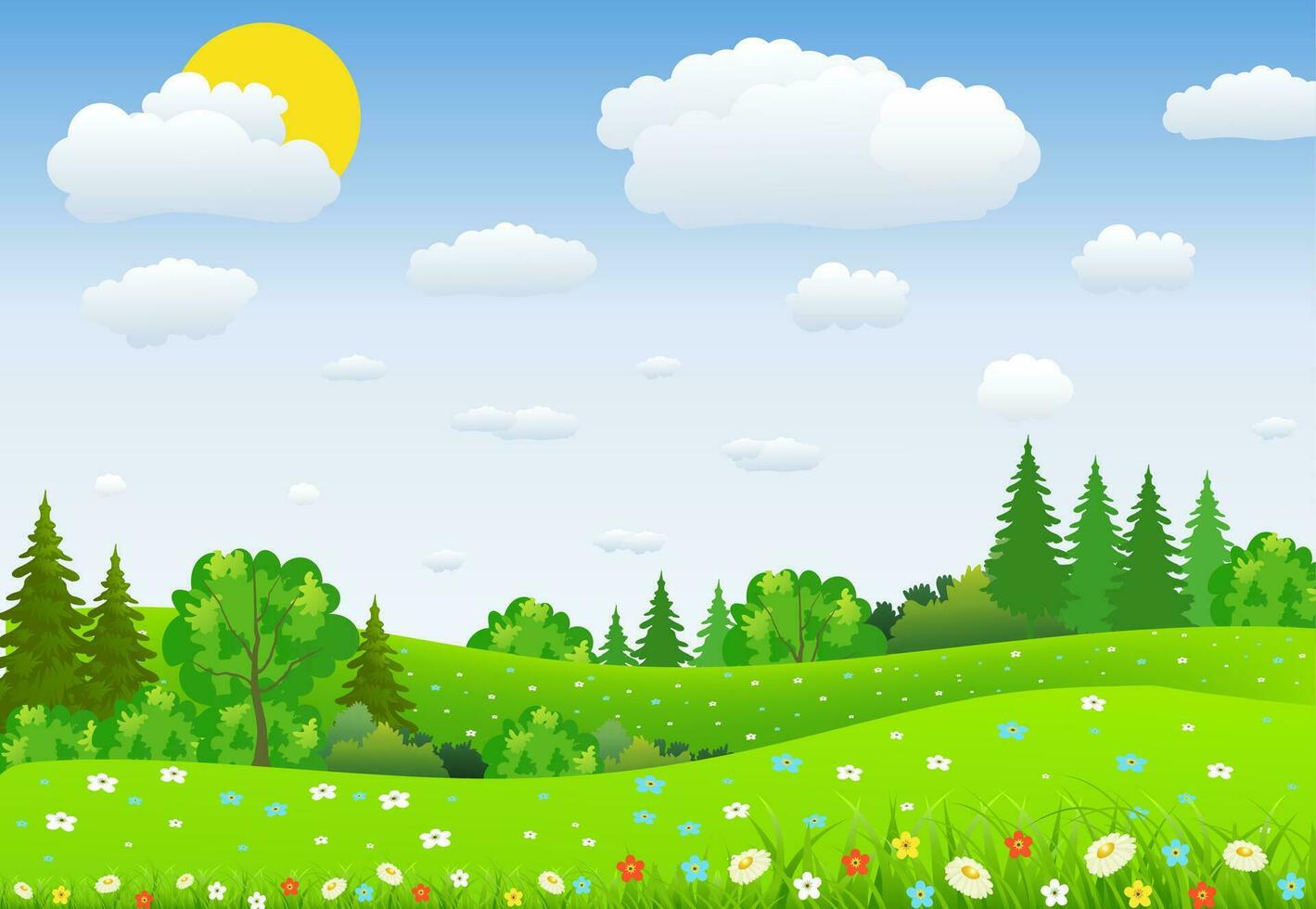 Grün Landschaft mit Bäume Wolken Blumen vektor