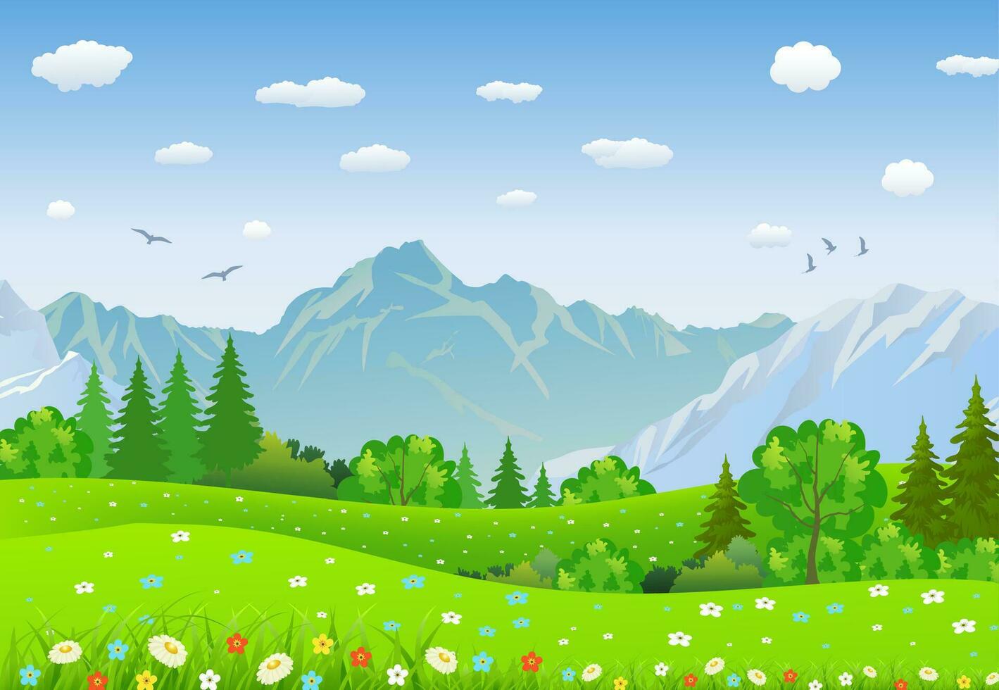 Sommer- Landschaft mit Wiesen und Berge. vektor