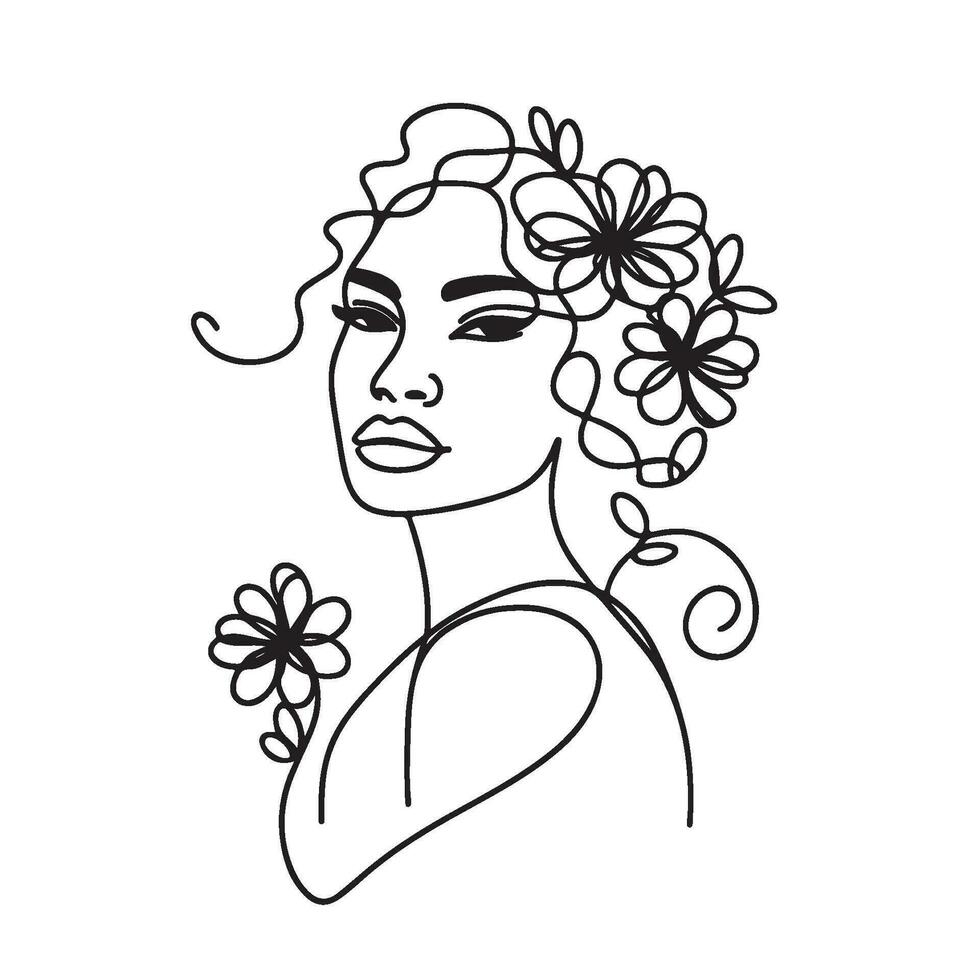 minimalistisch schwarz Frau mit Blumen Linie Kunst vektor