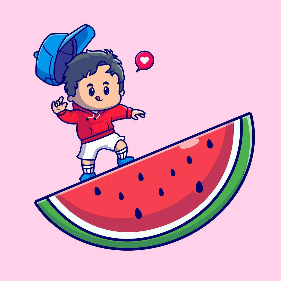 söt pojke på vattenmelon tecknad serie vektor ikon illustration. människor mat ikon begrepp isolerat premie vektor. platt tecknad serie stil