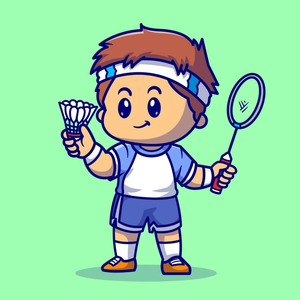 söt pojke spelar badminton tecknad serie vektor ikon illustration. människor sport ikon begrepp isolerat premie vektor. platt tecknad serie stil