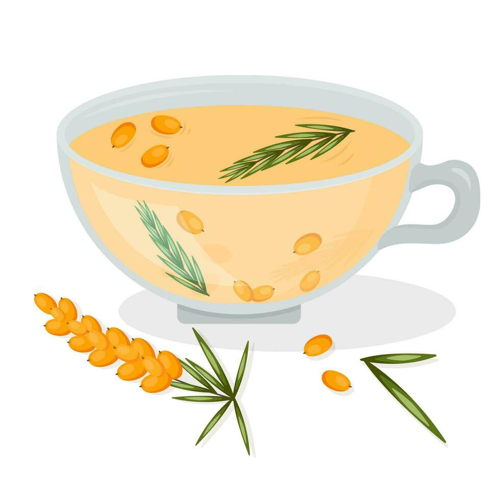 Tasse von Meer Sanddorn Tee. Illustration von heiß gesund trinken isoliert auf Weiß Hintergrund vektor