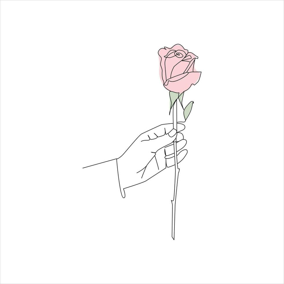 Rose Blume kontinuierlich Linie Zeichnung von ein Hand halten. schön Rose Blume einfach Linie Kunst mit aktiv streicheln vektor