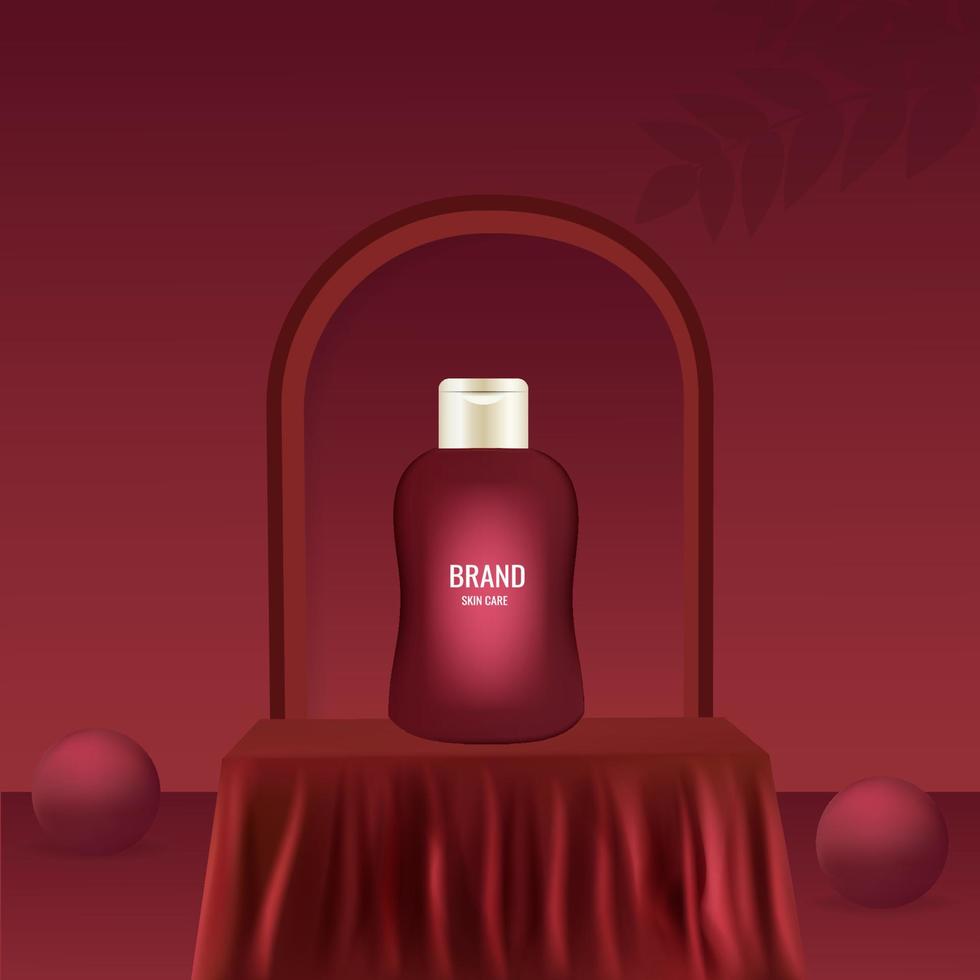 Hautpflegeset Werbung mit Cremeflasche auf der Bühne, rotes Quadrat Podest Seidentuch vektor