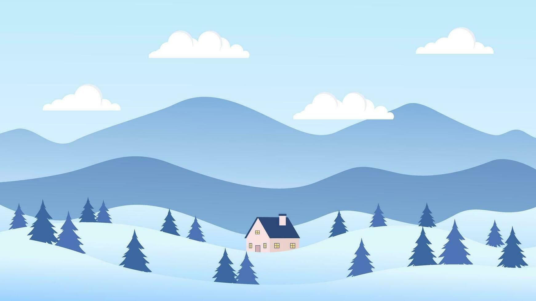 vinter- landskap vektor illustration. snö kullar, berg, hus och tall träd bakgrund, vinter- med snötema tapet