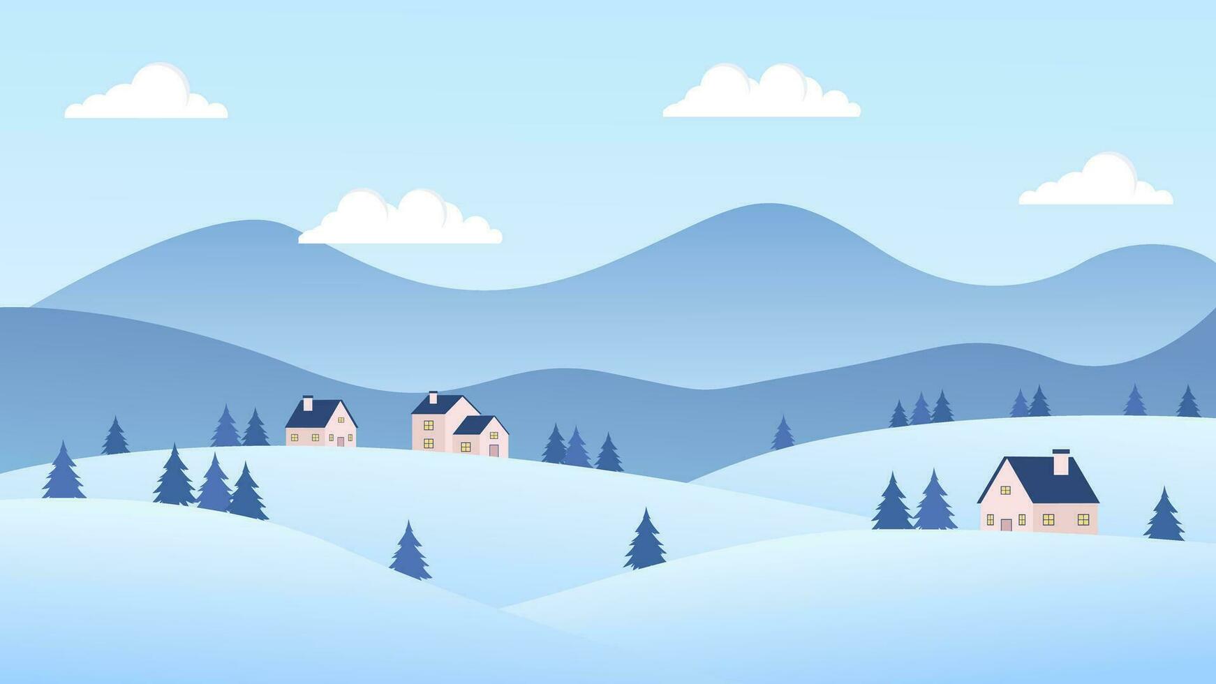 vinter- landskap vektor illustration. snö kullar, berg, hus och tall träd bakgrund, vinter- med snötema tapet