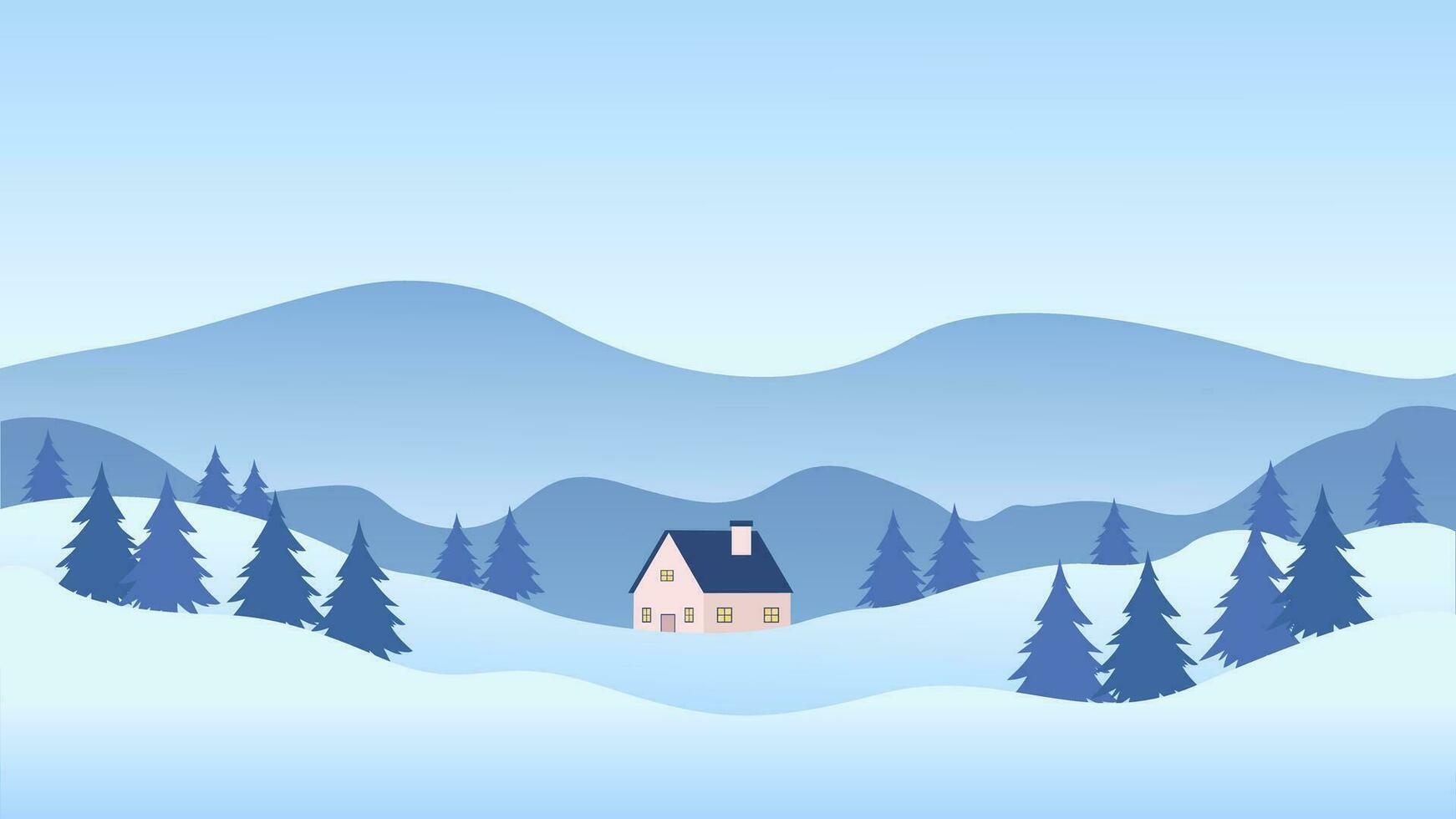 einfach Winter Landschaft Illustration, Vektor Hintergrund mit das Winter Schnee Thema, eben Design Stil, Vektor Illustration von Berg, Haus, und Kiefer Bäume