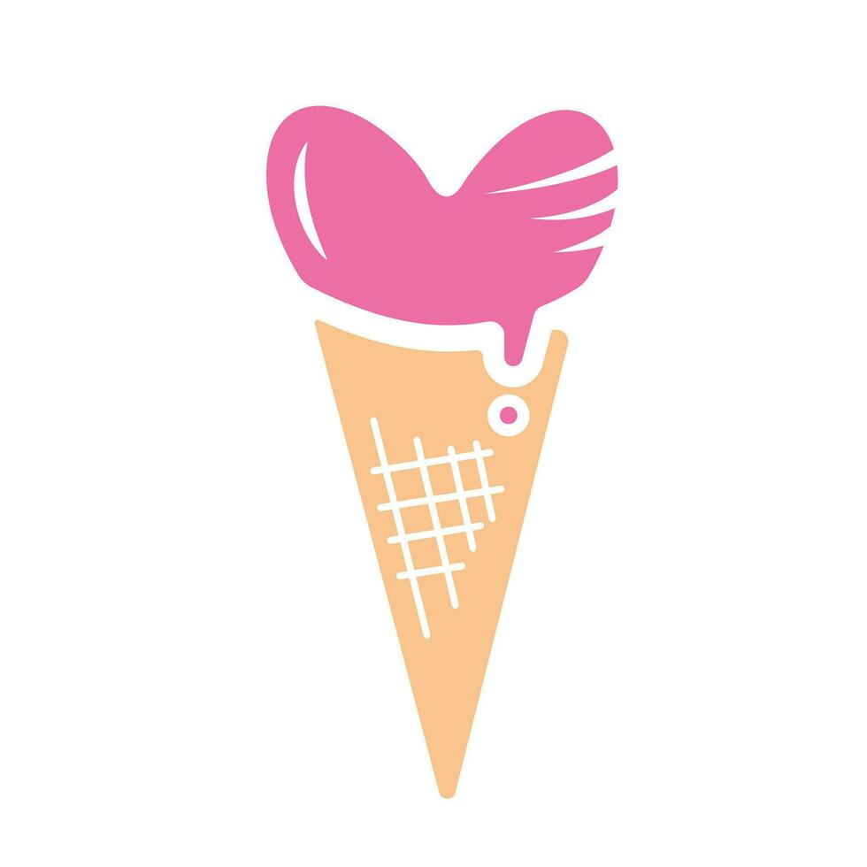 Herz geformt Rosa Erdbeere Eis Sahne Kegel Vektor Illustration Symbol Silhouette isoliert auf Weiß Platz Hintergrund. einfach eben minimalistisch Kunst gestylt Karikatur Süss Essen Zeichnung.