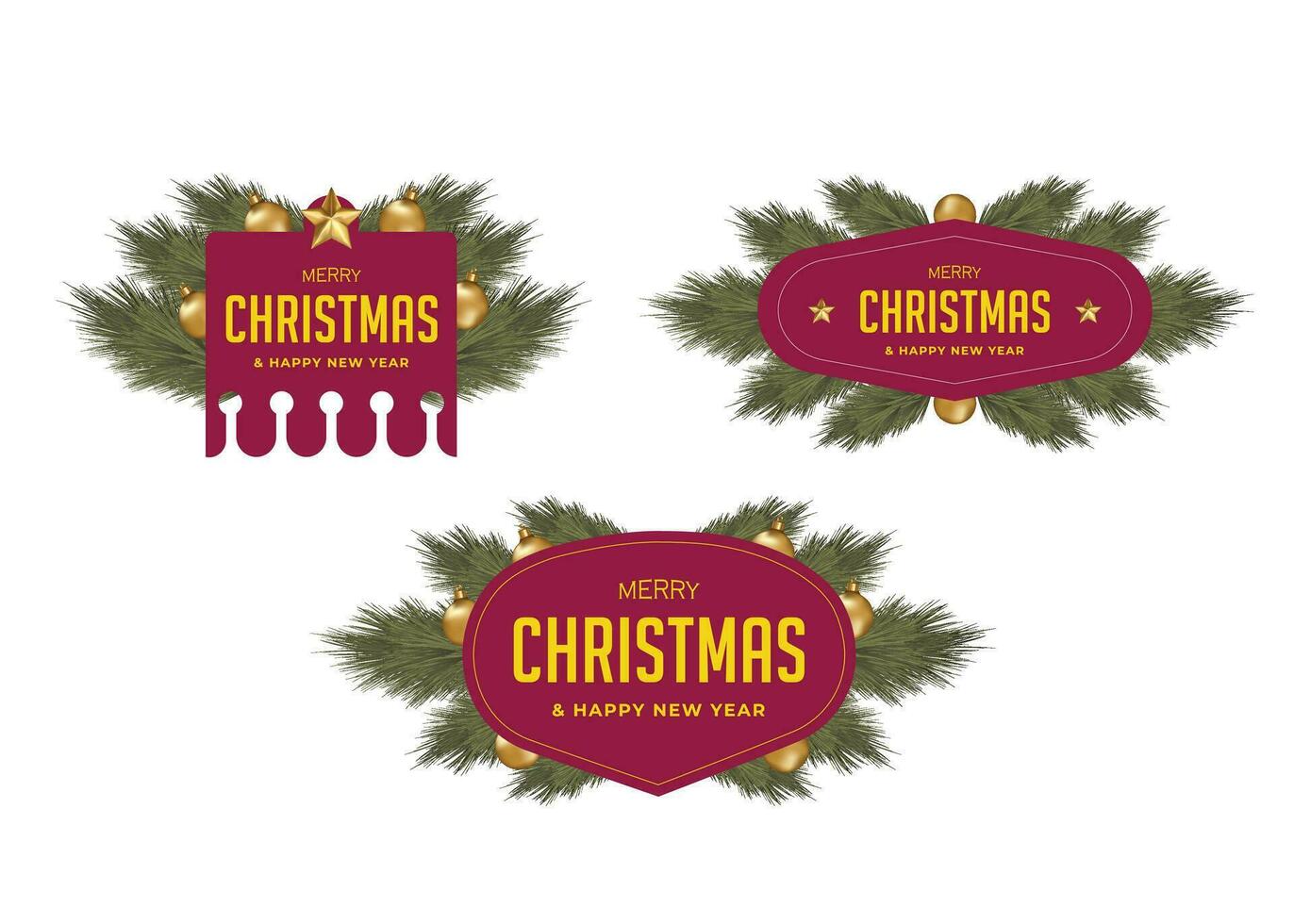 jul etiketter och element med tall träd ornament och klocka boll dekorationer vektor