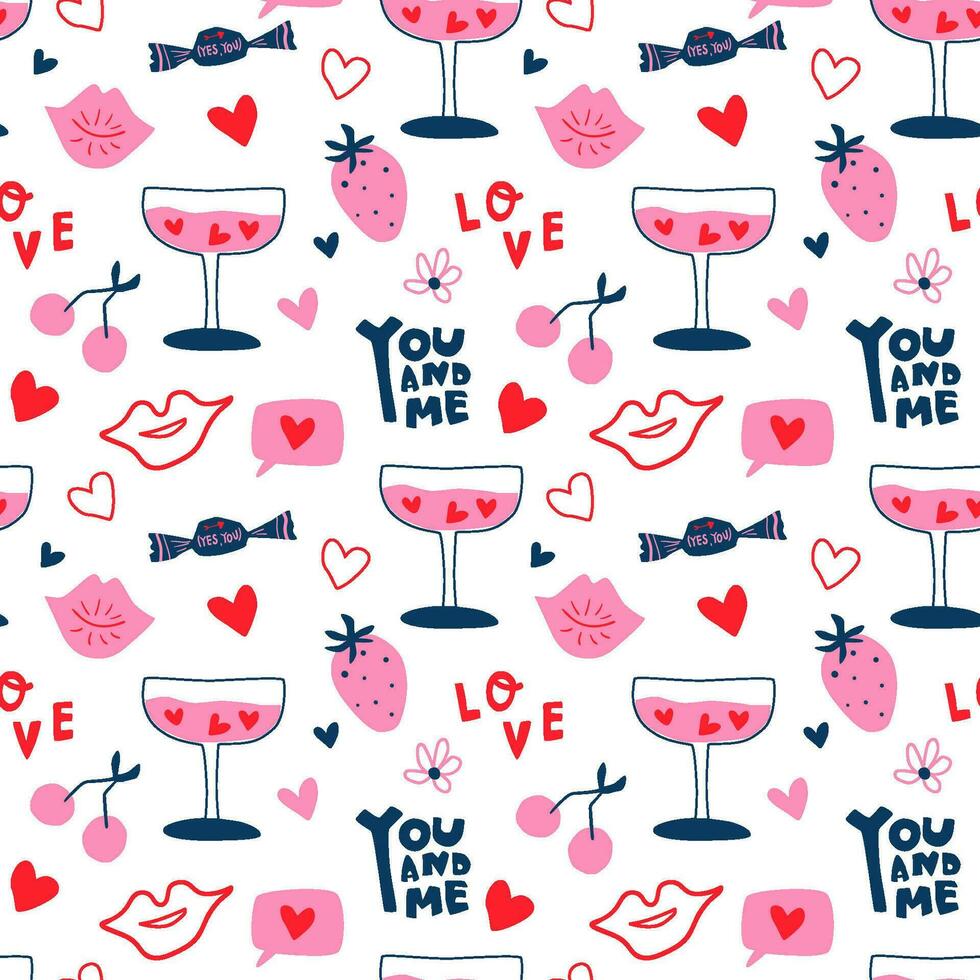 rosa klotter kärlek sömlös mönster för valentines dag. hand dragen cocktail, hjärtan, härlig brev, jordgubbe, sötsaker, körsbär, mun, kyssar i minimal stil. vektor söt tapet, upprepa bakgrund
