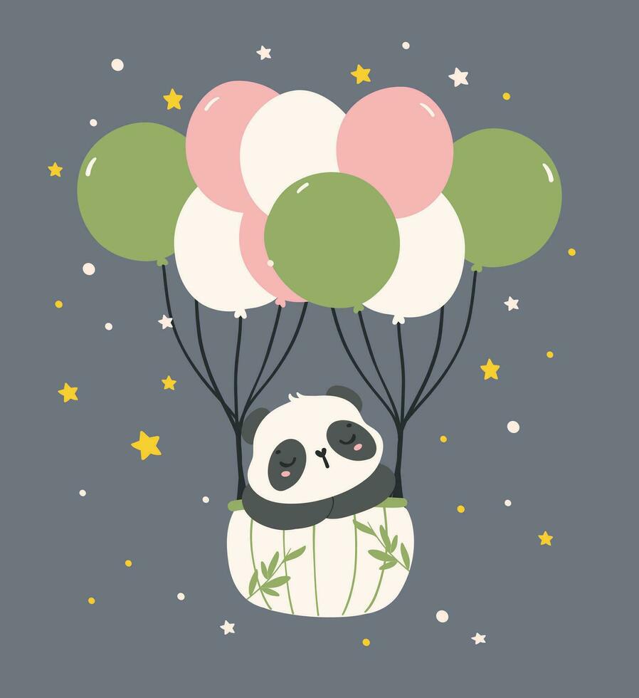 förtjusande tecknad serie panda flytande i luft ballong, barnkammare bebis dusch unge illustration. vektor