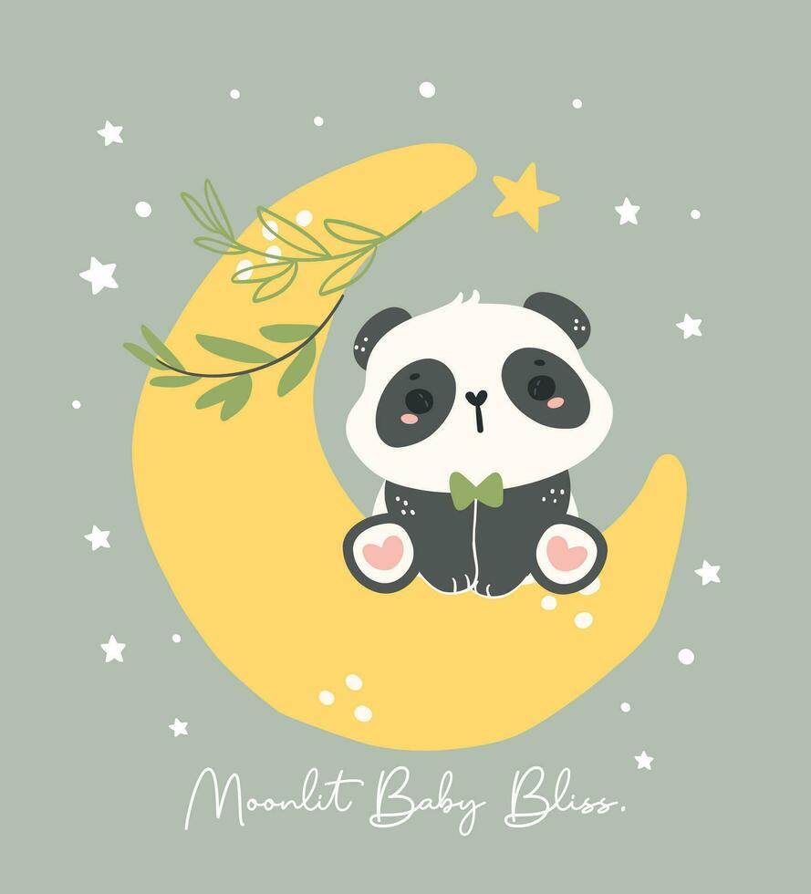 förtjusande tecknad serie panda barnkammare konst. söt hand dragen illustration av en bebis panda Sammanträde på en halvmåne, perfekt för bebis dusch teman. vektor