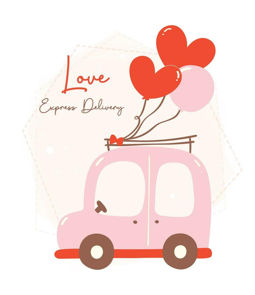 Valentinstag Liebe Lieferung Wagen. süß kawaii Fahrzeug im Liebe Thema mit Luftballons Herz im eben Design. vektor