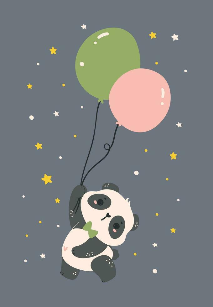 bezaubernd Karikatur Panda schwebend mit Ballon, Kindergarten Baby Dusche Kind Illustration. vektor