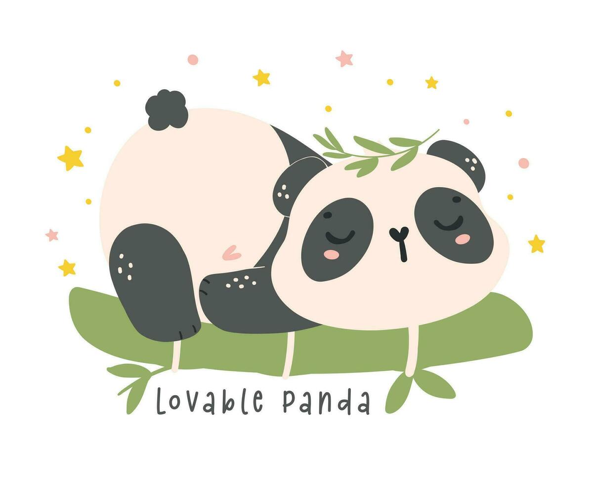 förtjusande tecknad serie panda sovande på bambu, barnkammare bebis dusch unge illustration. vektor