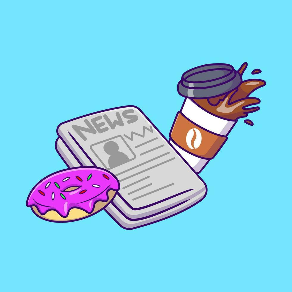 Kaffee, Krapfen, und ein Zeitung Karikatur Vektor Symbole Illustration. eben Karikatur Konzept. geeignet zum irgendein kreativ Projekt.