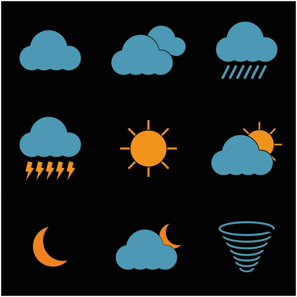 Wetter Symbole einstellen Über schwarz Hintergrund. Vektor Illustration. ui Symbol einstellen von Wetter Prognose zum Handy, Mobiltelefon Anwendungen und Webseiten. Wetter Design Elemente und natürlich Phänomene