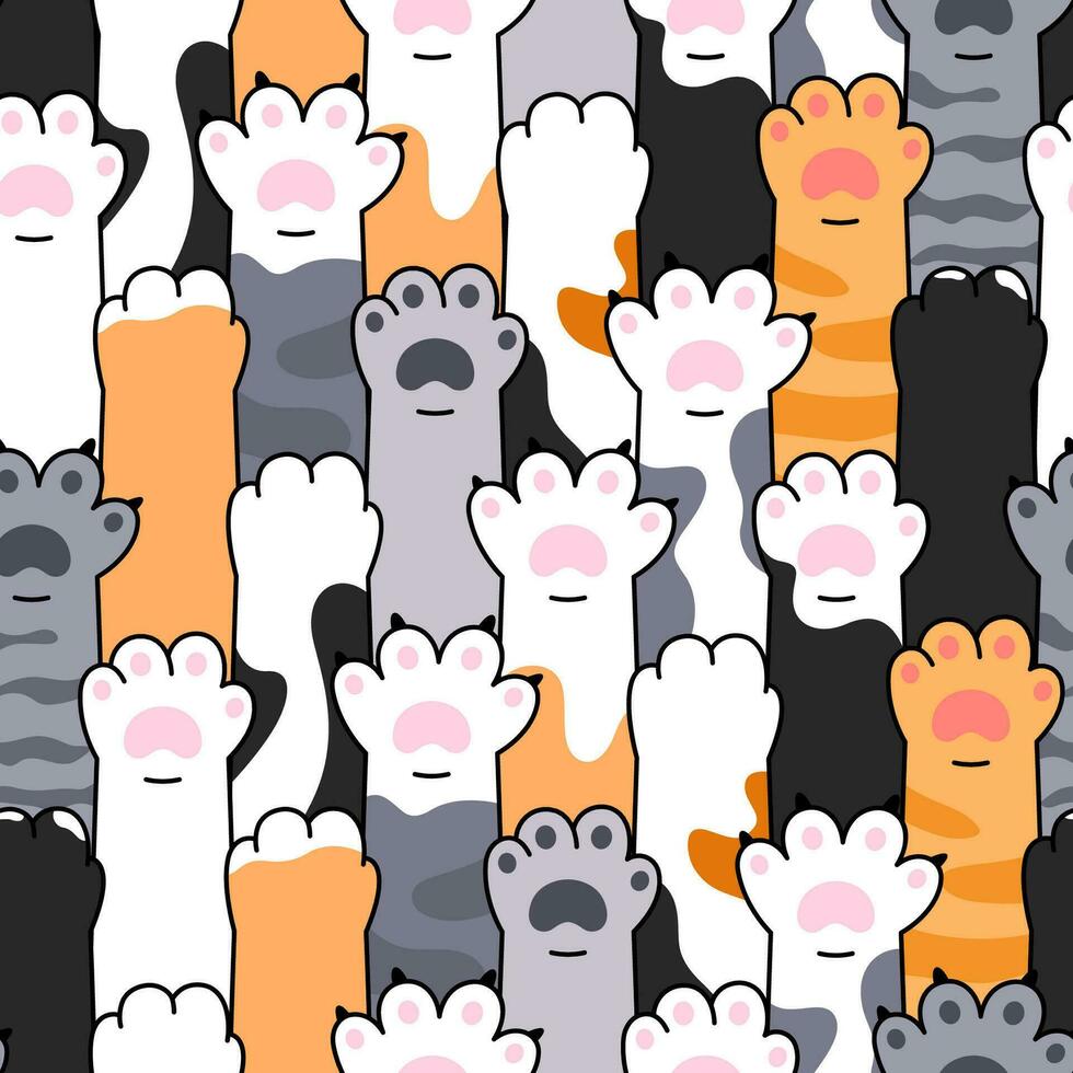 tecknad serie, komisk stil katt tassar sömlös mönster, bakgrund. kattunge, sällskapsdjur, djur- hand. vektor klotter teckning