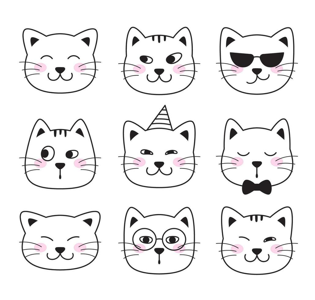 rolig katt ansikten. djur- karaktär sällskapsdjur ansikten. klotter illustrationer, tecknad serie, komisk stil ritningar vektor