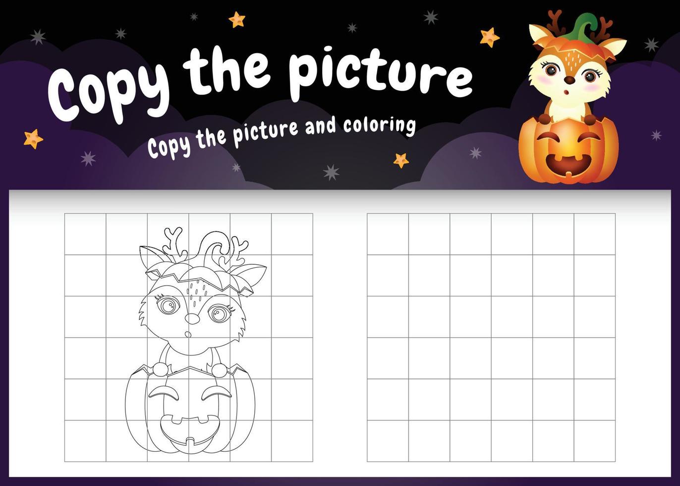 kopiera bilden barn spel och målarbok med en söt hjort med halloween kostym vektor