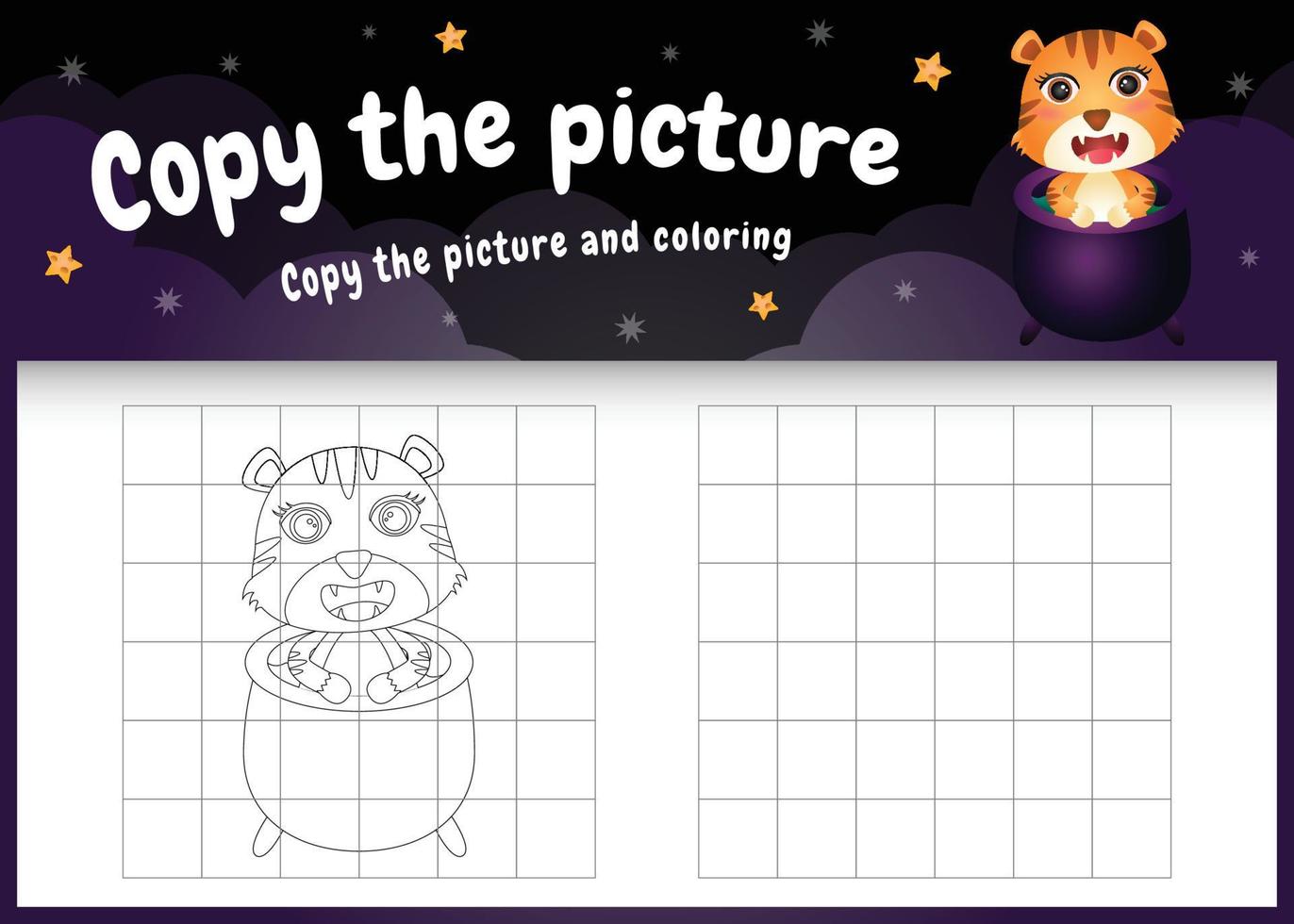 kopiera bilden barn spel och målarbok med en söt tiger med halloween kostym vektor