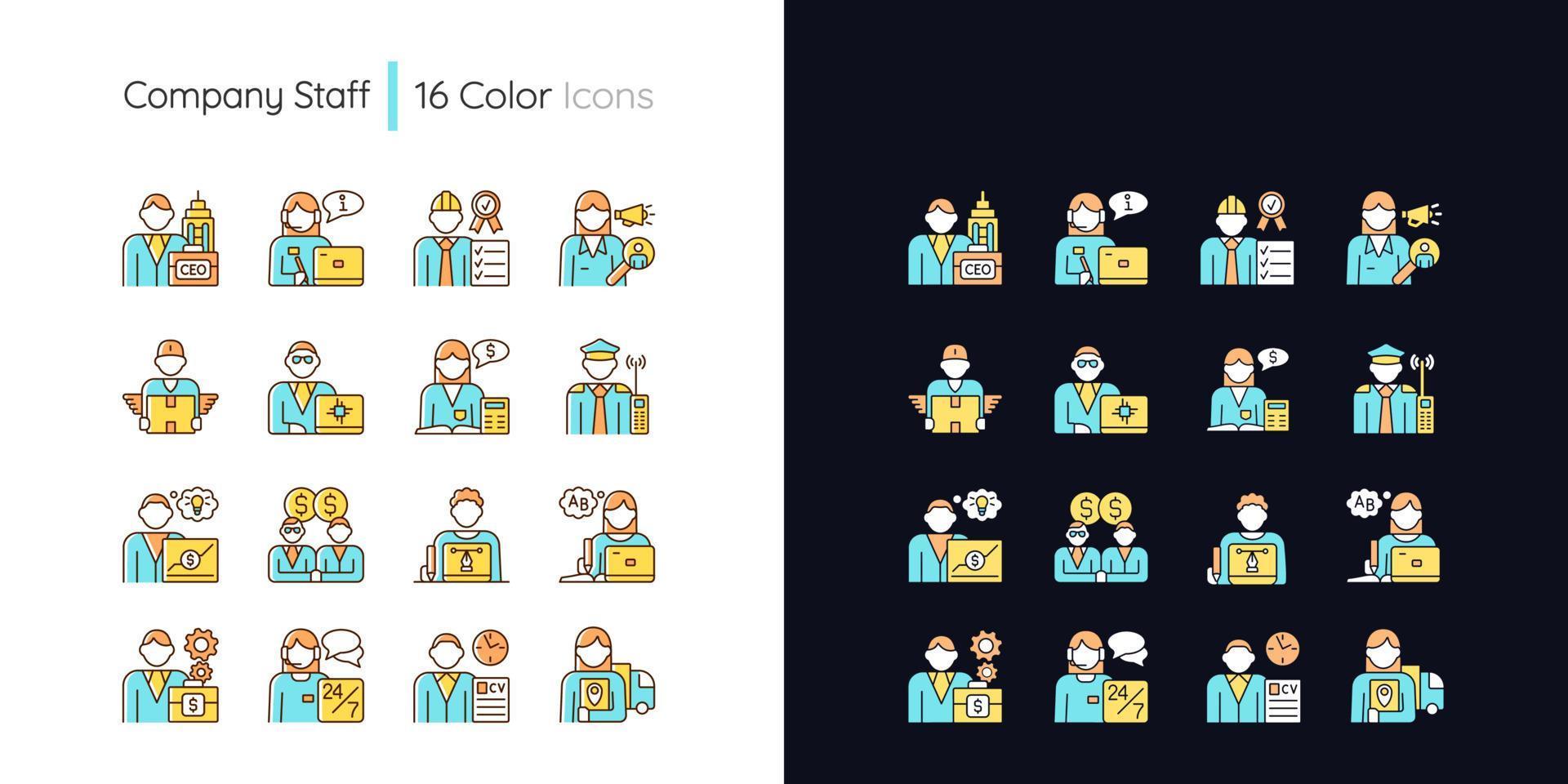 företagets personal relaterade ljus och mörkt tema rgb färg ikoner set vektor