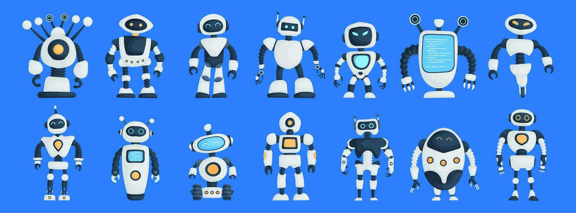 stor uppsättning av modern robotar isolerat på blå bakgrund söt karaktär tecknad serie artificiell intelligens begrepp platt vektor illustration