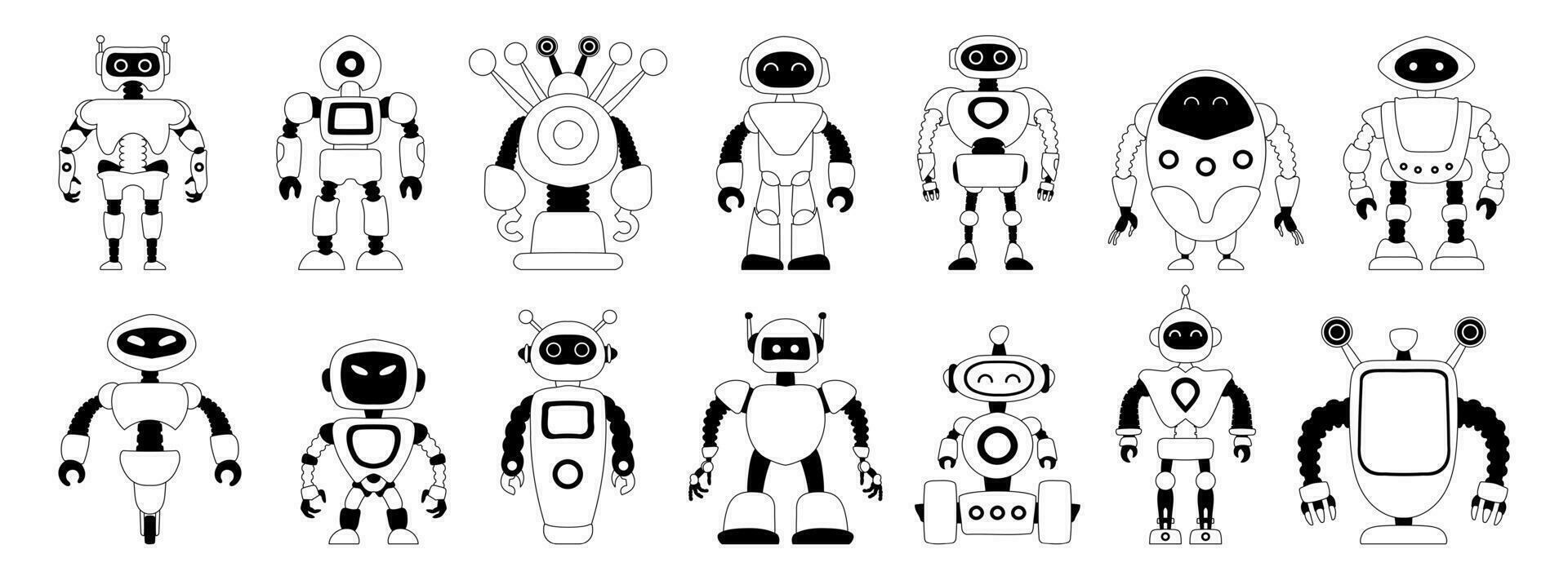 uppsättning av linjär svart och vit robot ikoner isolerat på vit bakgrund. karaktär artificiell intelligens begrepp platt vektor illustration.
