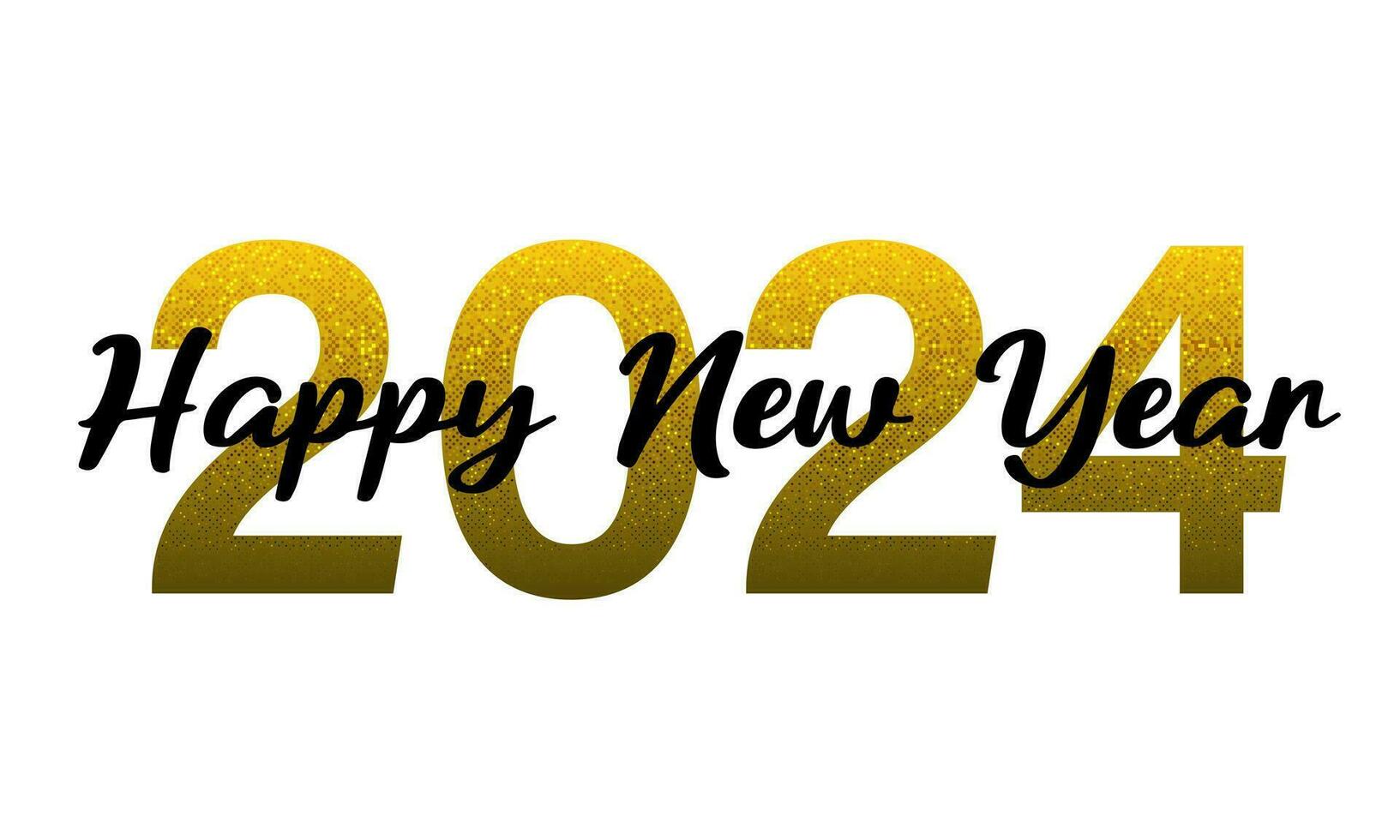 Lycklig ny år 2024 gyllene siffra svart text på vit design för Semester nedräkning festival firande bakgrund vektor