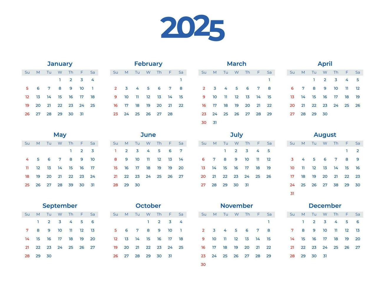 2025 Kalender Vektor Vorlage. Woche beginnt auf Sonntag