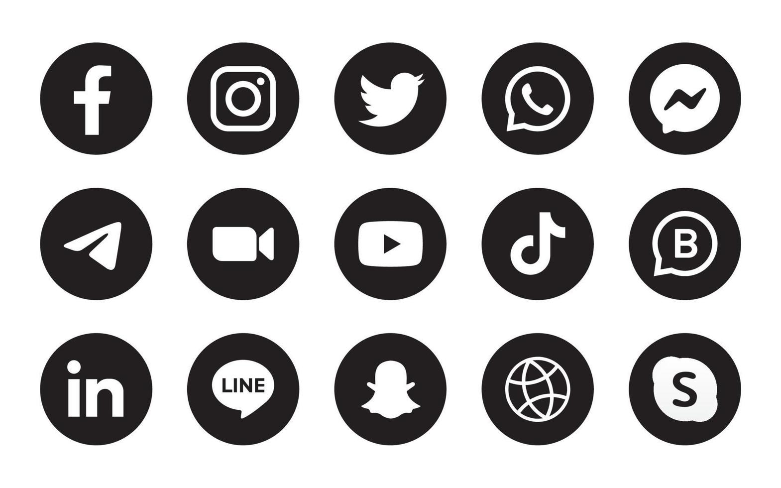 uppsättning runda sociala medier ikon i svart bakgrund vektor