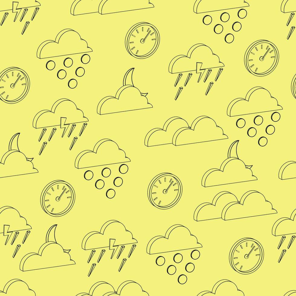 sömlös mönster av svart kontur 3d väder ikoner på en gul bakgrund vektor