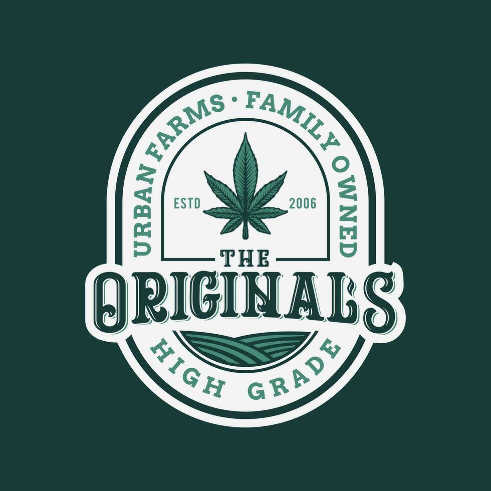 modern årgång hipster cannabis marijuana växt träd bruka och trädgård gård logotyp bricka ikon emblem design illustration cirkel vektor