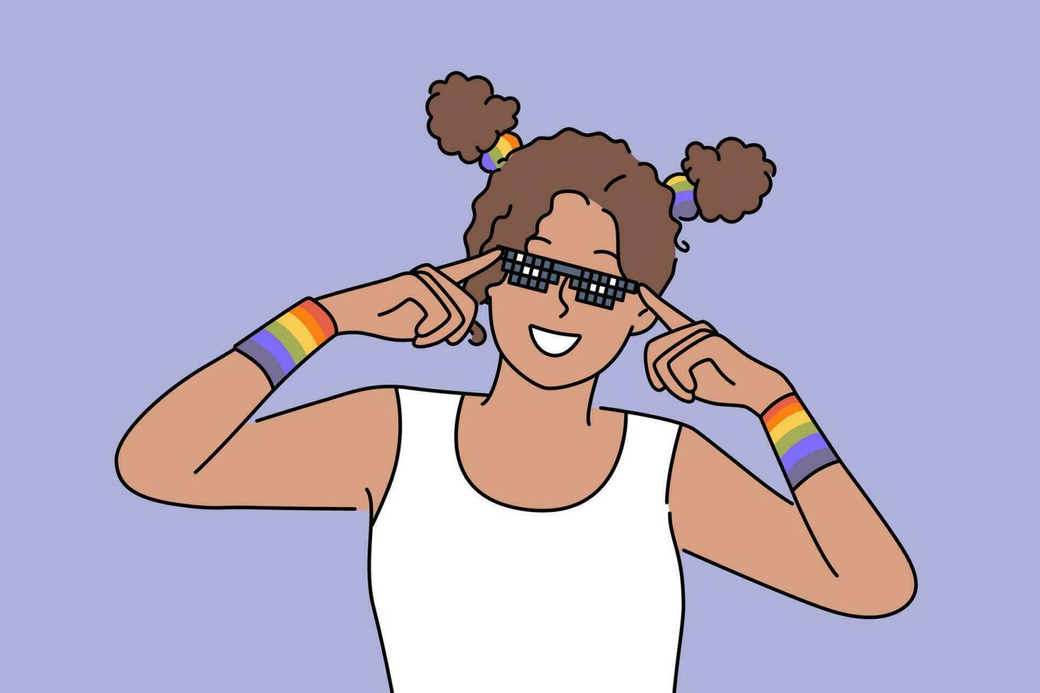 Frau mit lgbt Armbänder passt sich an Sonnenbrille und lächelt, Zeichnung Beachtung zu Probleme von lgbtq Gemeinschaft. afrikanisch amerikanisch Mädchen Kampf gegen Diskriminierung gegen Lesben und lgbt Aktivisten vektor