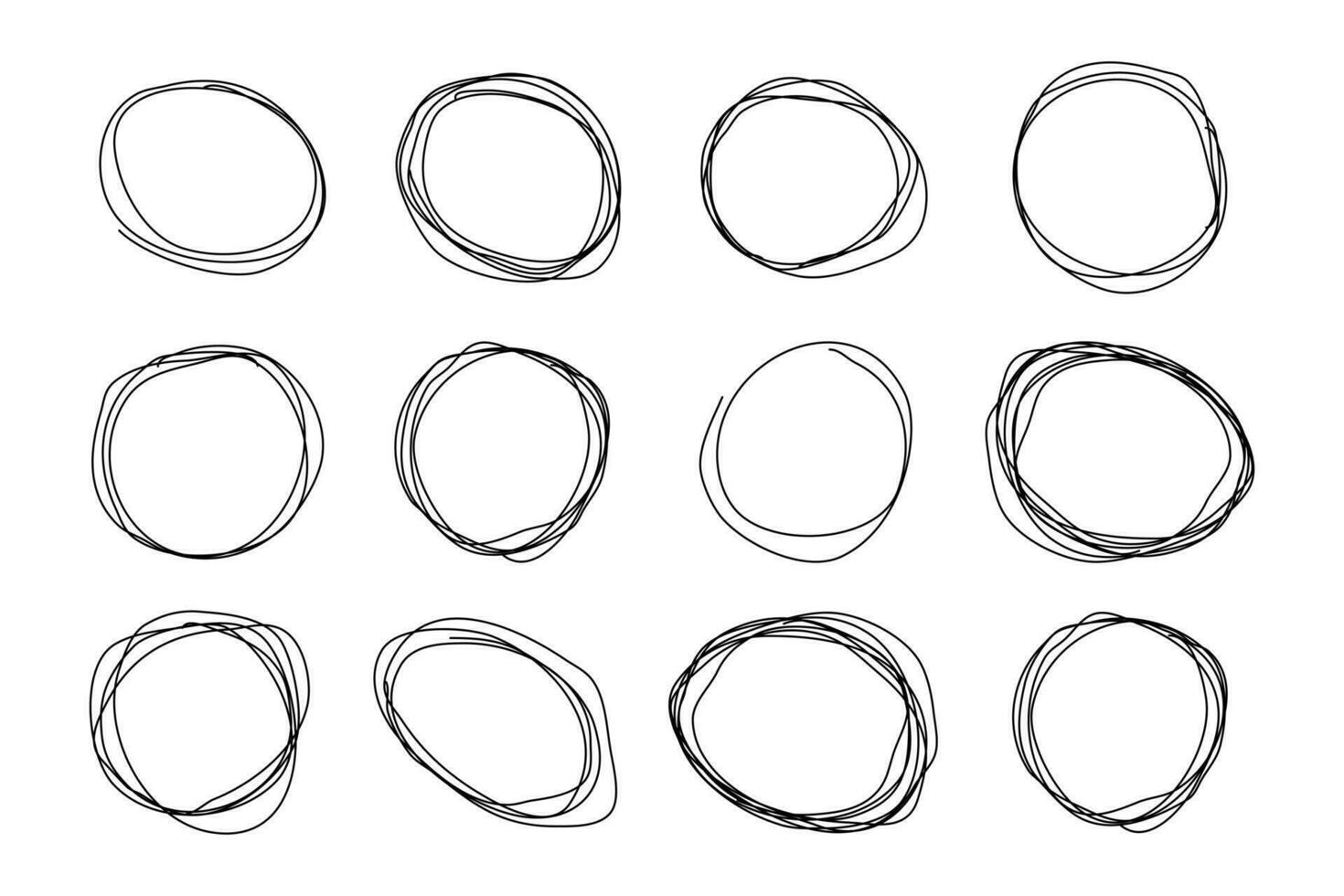 hand dragen ovaler. uppsättning av penna teckning cirklar. klotter ellipser. markera cirkel ramar. vektor illustration isolerat på en vit bakgrund.