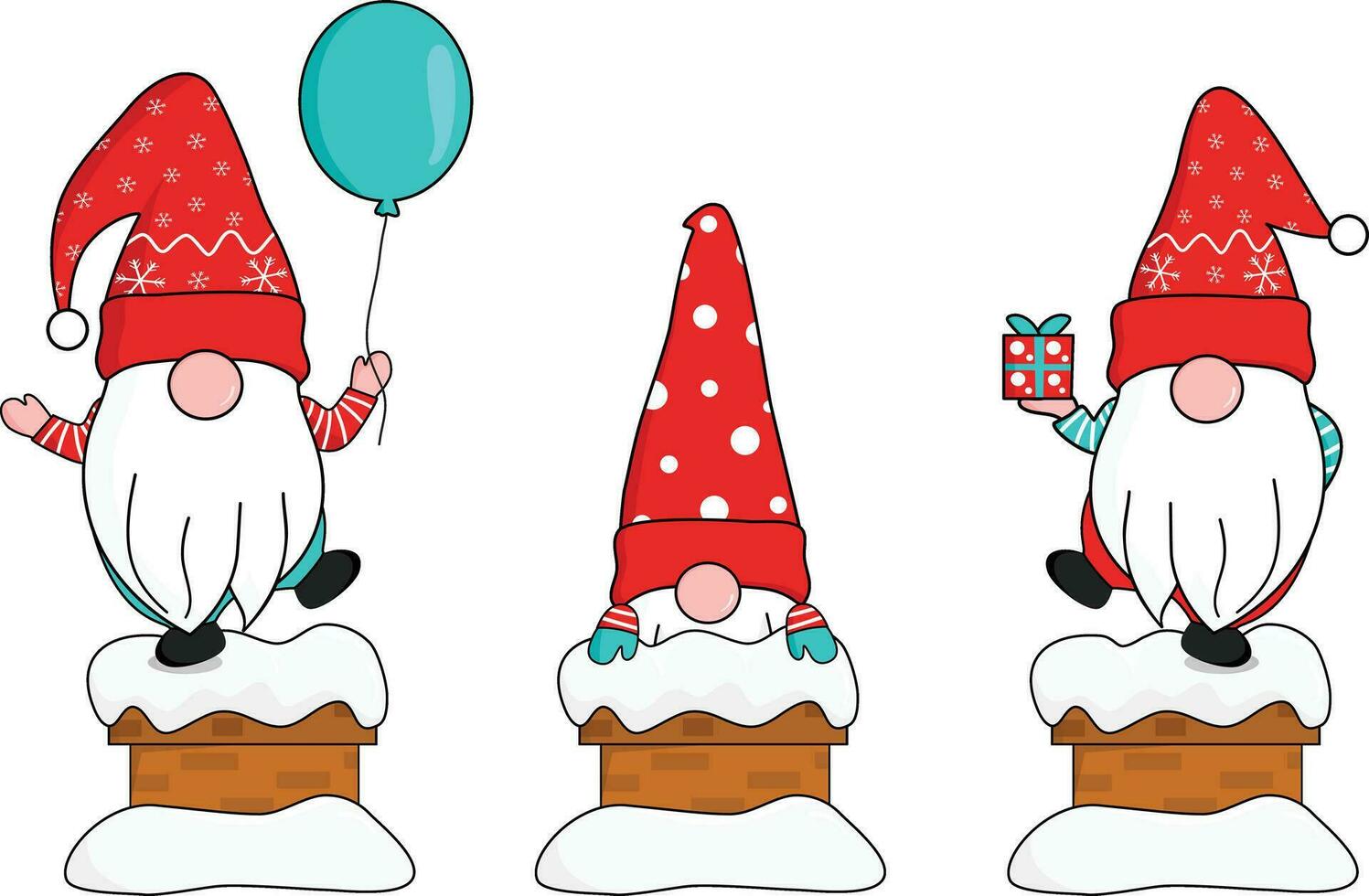süß drei Zwerge im rot Schneeflocken Santa Klausel Hut Show oben von schneebedeckt Kamin halten Geschenk Box und schwebend Ballon. Gruß und feiern Weihnachten und Neu Jahr. Vektor