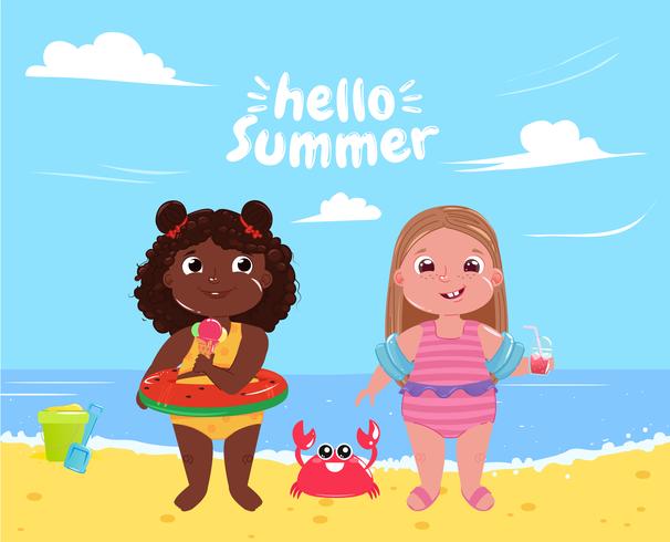 Zwei kleine Mädchen am Strand. Hallo Sommer. Freunde Spaß Spiel und Urlaub am Meer. Vektorkarikaturabbildung vektor
