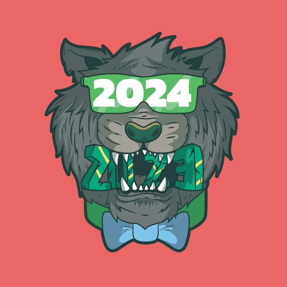 Tiger Charakter beißen 2023 mit 2024 Brille Vektor Illustration. Feier Design Konzept.