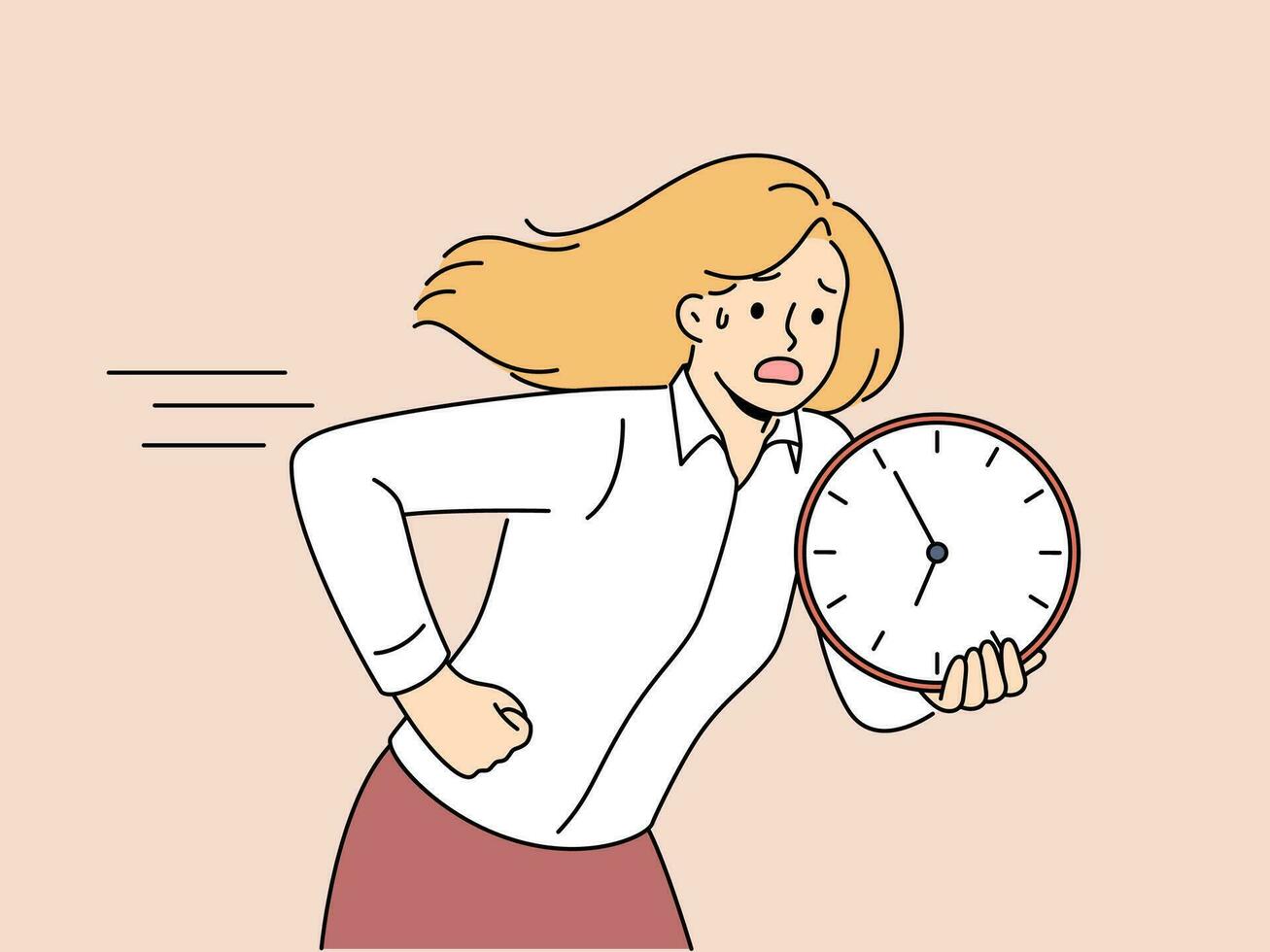 Laufen Frau ist halten Uhr und ist nervös versuchen zu einhalten mit Fristen und Komplett Arbeit auf Zeit. Geschäft Frau Herstellung Werdegang wie Manager ist im Eile zu nicht Sein spät und Treffen Fristen. vektor